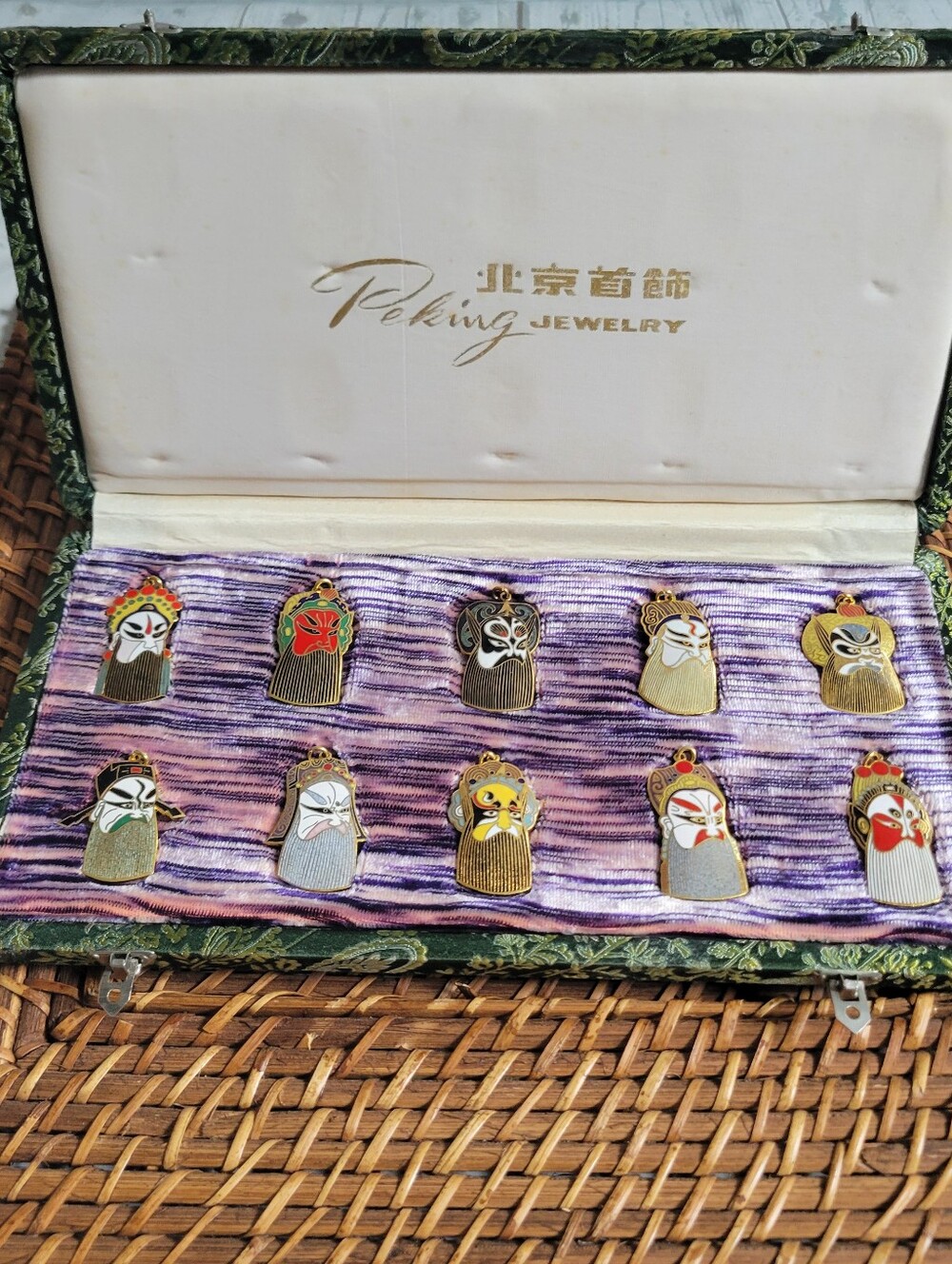 Vintage Peking Jewelry Enamel Chinese Opera Mask Pendant Set 10